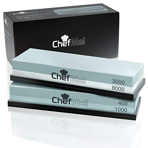 ChefMe! Schleifstein Set 4-in-1 mit deutscher Anleitung 400/1000/3000/8000 - Wetzstein zum Messer schärfen mit rutschfester Unterlage
